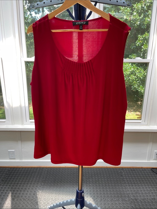 Kasper Tops - Kasper Women's Crimson Red Sleeveless Pleated Scoop Neck Blouse